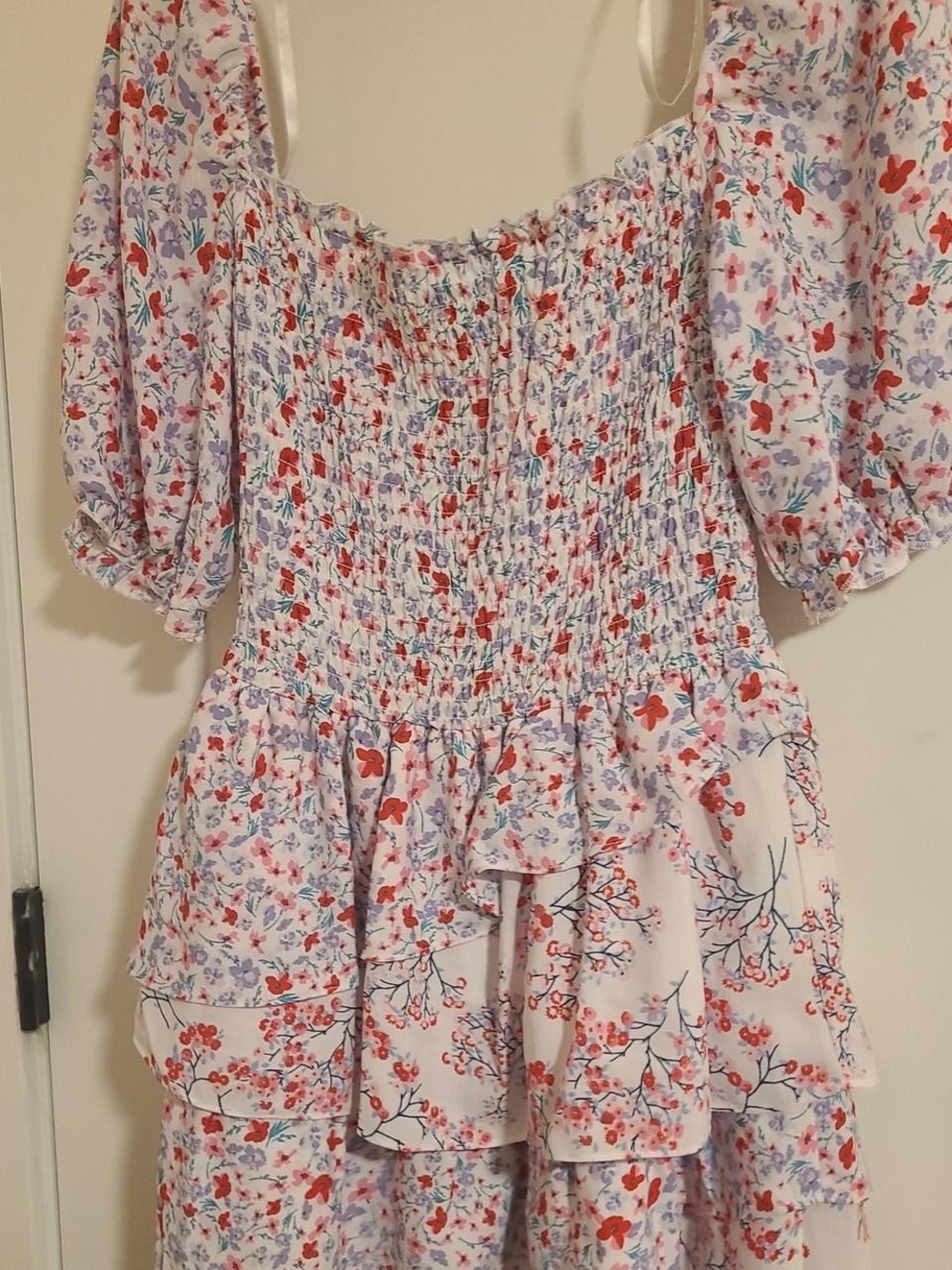 Smocked Floral Puff-Sleeve Women’s Mini Dress - White with Red & Purple Flowers